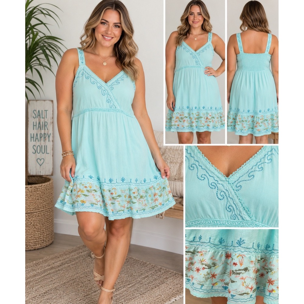 Raya Sun Aqua Blue Embroidered V-Neck Midi Dress with Smocked Back XL